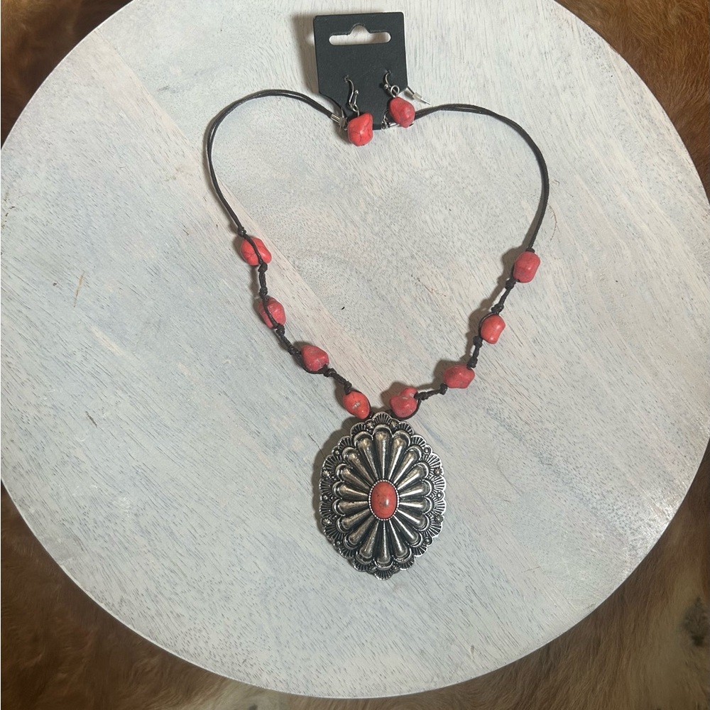 Silver and Red Pendant Necklace with Earrings